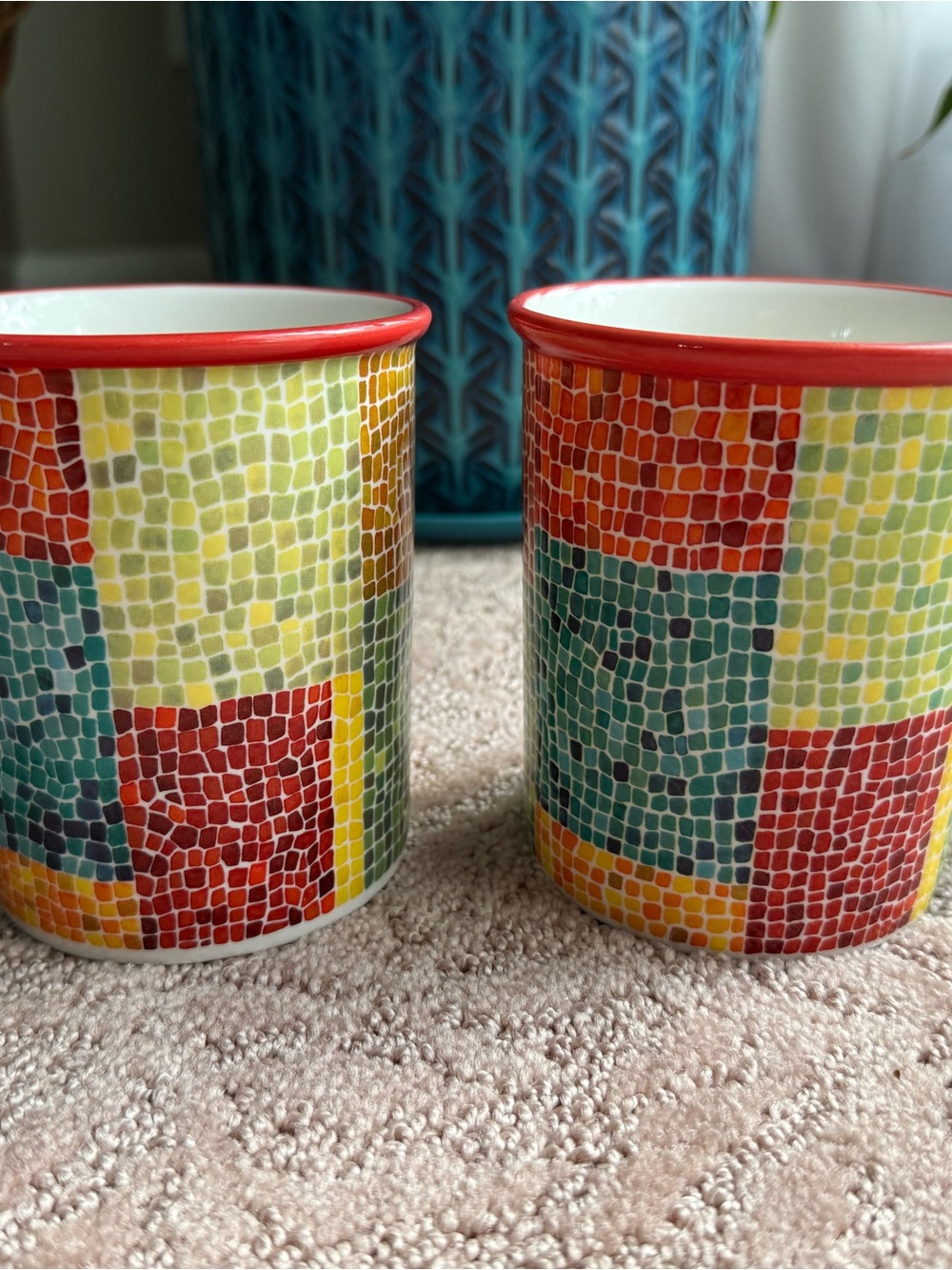 RARE 2002 Starbucks Barista Colorful Mosaic Ceramic Mug Set of 2